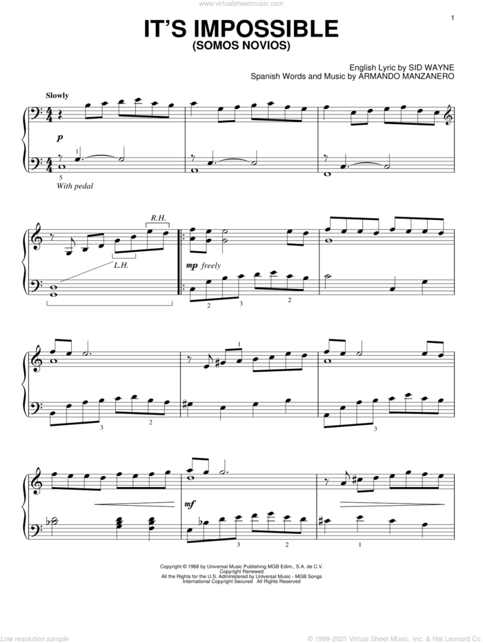 It's Impossible (Somos Novios) sheet music for piano solo by Armando Manzanero, Elvis Presley, Perry Como and Sid Wayne, intermediate skill level