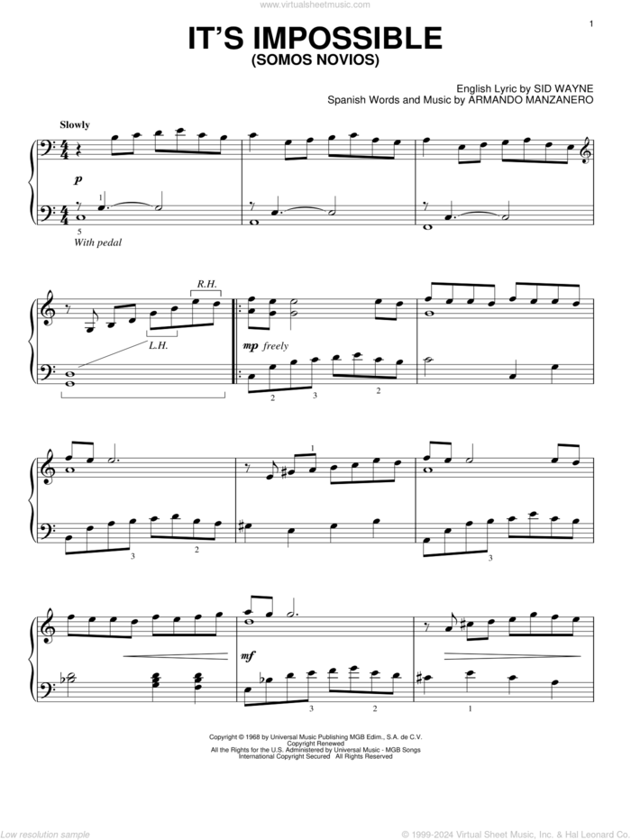 It's Impossible (Somos Novios) sheet music for piano solo by Armando Manzanero, Elvis Presley, Perry Como and Sid Wayne, intermediate skill level