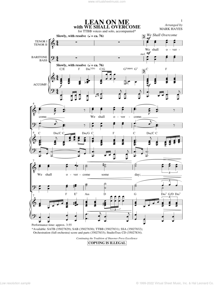 Lean On Me (with We Shall Overcome) sheet music for choir (TTBB: tenor, bass) by Mark Hayes and Bill Withers, intermediate skill level