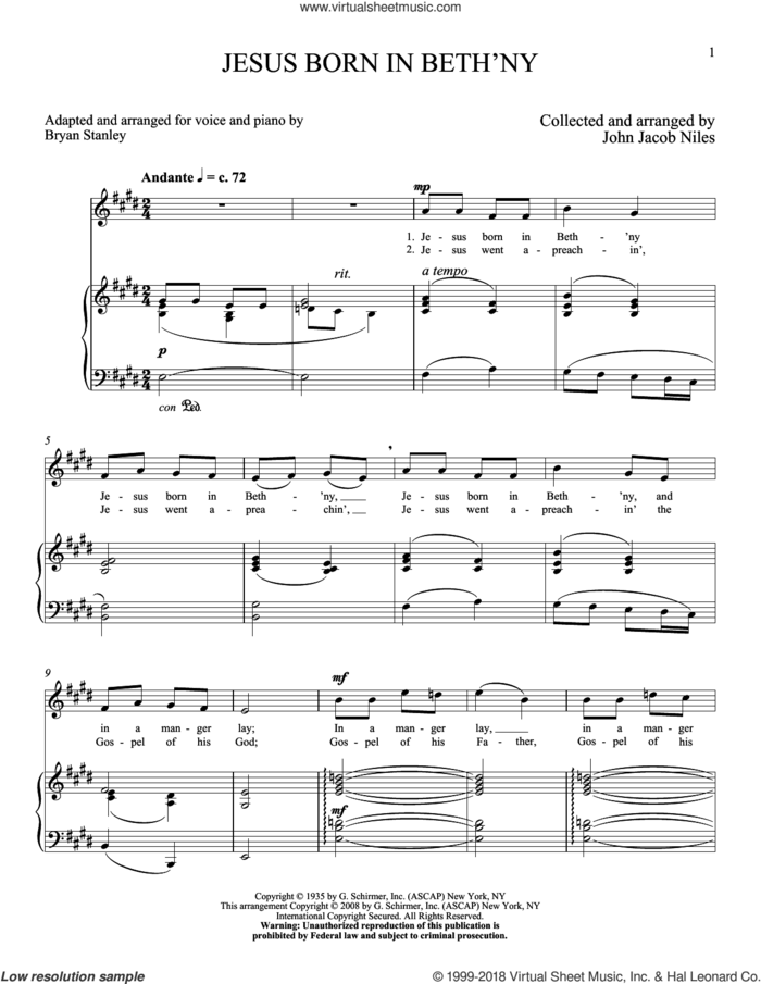 Jesus Born In Beth'ny sheet music for voice and piano (High Voice) by John Jacob Niles, intermediate skill level