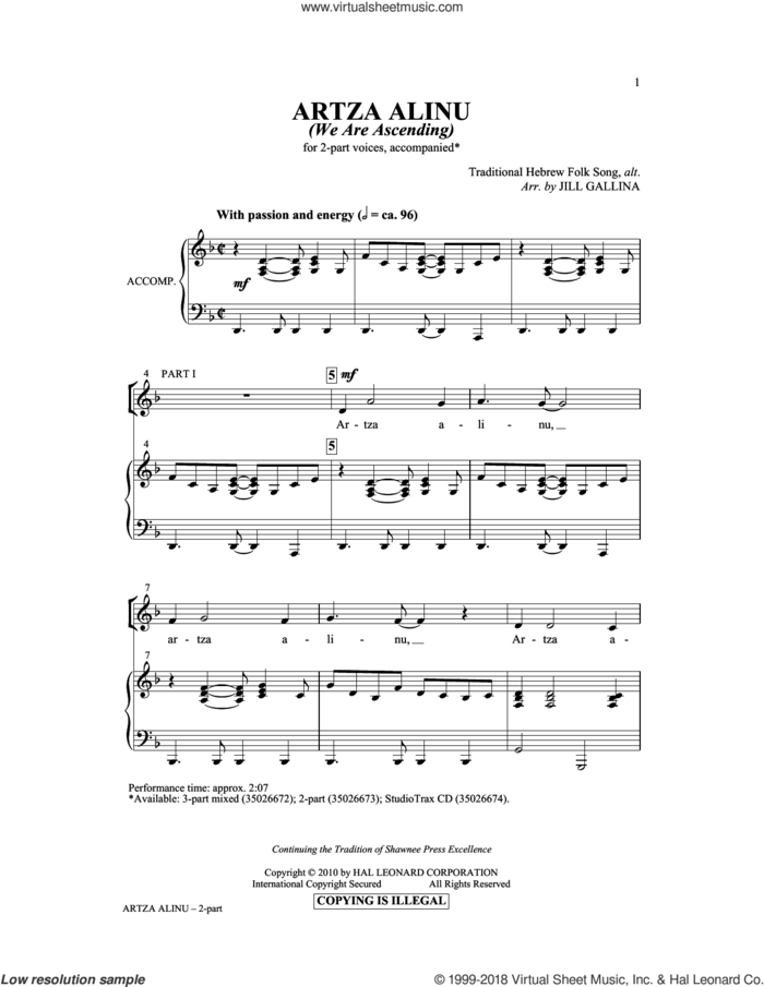 Artza Alinu sheet music for choir (2-Part) by Jill Gallina, intermediate duet