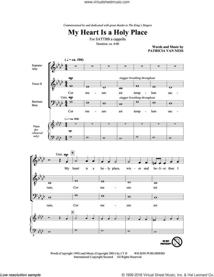 Cor Meum Est Templum Sacrum (My Heart Is A Holy Place) sheet music for choir (SATB: soprano, alto, tenor, bass) by The King's Singers and Patricia Van Ness, intermediate skill level