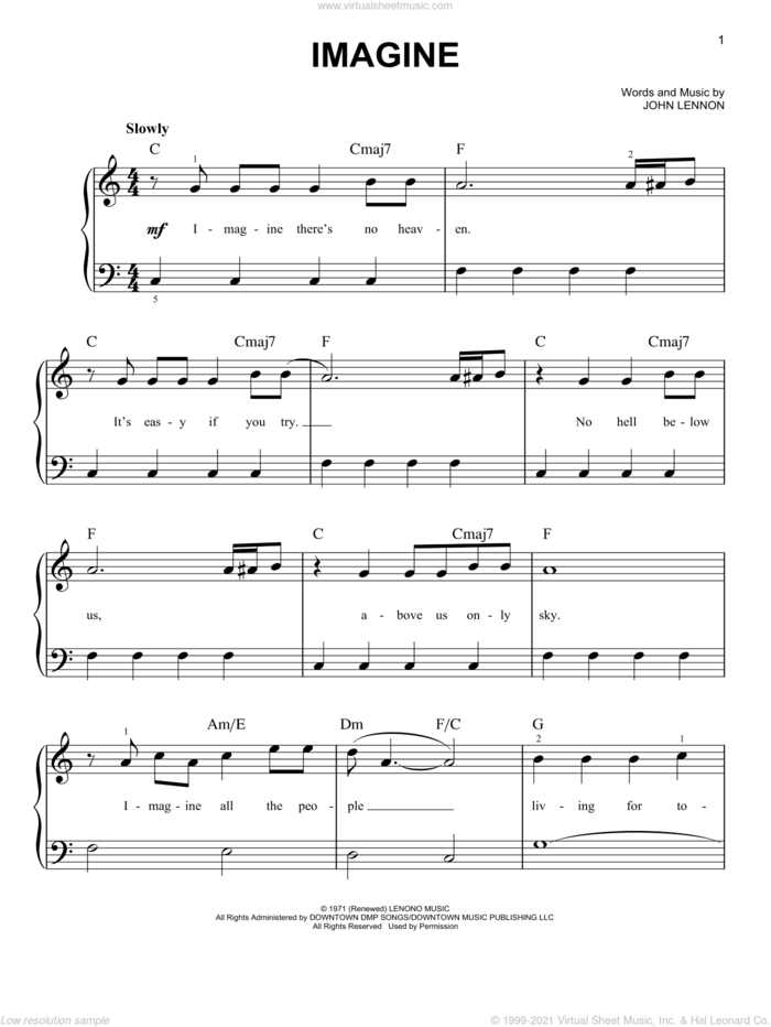 Imagine sheet music for piano solo by John Lennon, beginner skill level