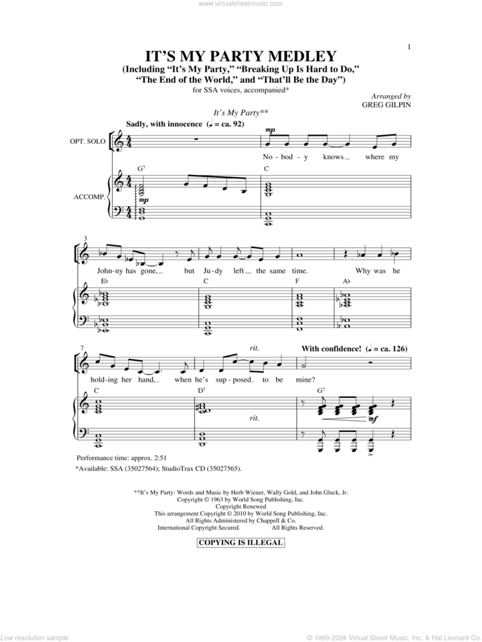 It's My Party Medley sheet music for choir (SSA: soprano, alto) by Greg Gilpin, Arthur Kent, Buddy Holly, Howard Greenfield, Jerry Allison, Lesley Gore, Neil Sedaka, Norman Petty, Sylvia Dee, Herb Wiener, John Gluck Jr. and Wally Gold, intermediate skill level