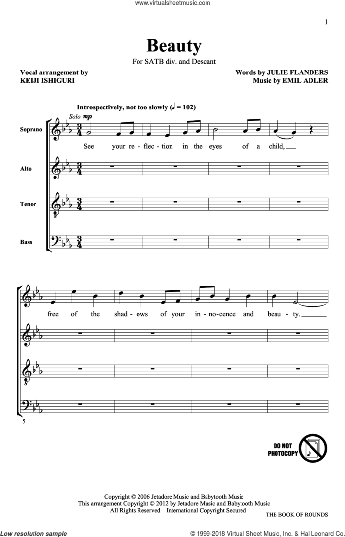 Beauty sheet music for choir (SATB: soprano, alto, tenor, bass) by Keiji Ishiguri, Emil Adler and Julie Flanders, intermediate skill level