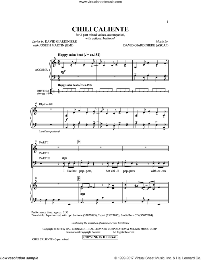 Chili Caliente sheet music for choir (3-Part Mixed) by David Giardiniere and Joseph M. Martin, intermediate skill level