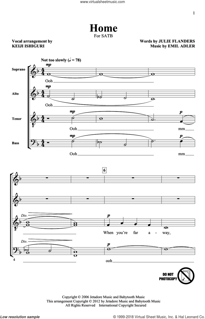 Home sheet music for choir (SATB: soprano, alto, tenor, bass) by Keiji Ishiguri, Emil Adler, Julie Flanders and October Project, intermediate skill level