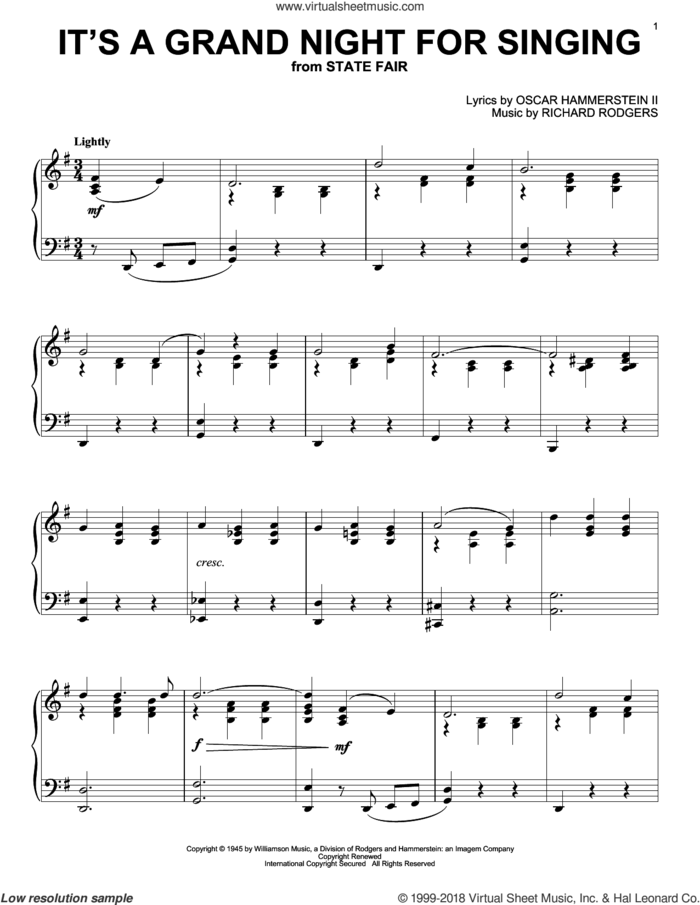 It's A Grand Night For Singing sheet music for piano solo by Rodgers & Hammerstein, Oscar II Hammerstein and Richard Rodgers, intermediate skill level