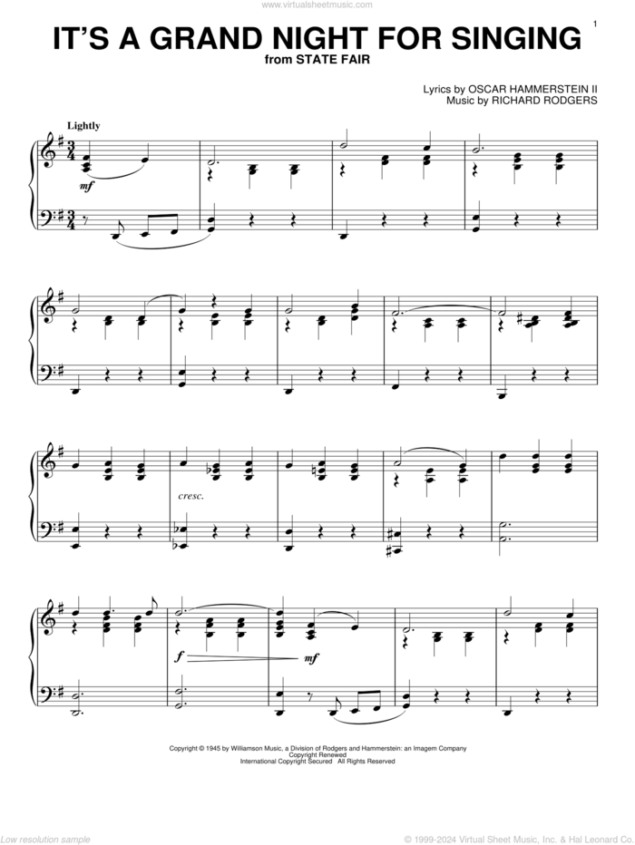 It's A Grand Night For Singing sheet music for piano solo by Rodgers & Hammerstein, Oscar II Hammerstein and Richard Rodgers, intermediate skill level