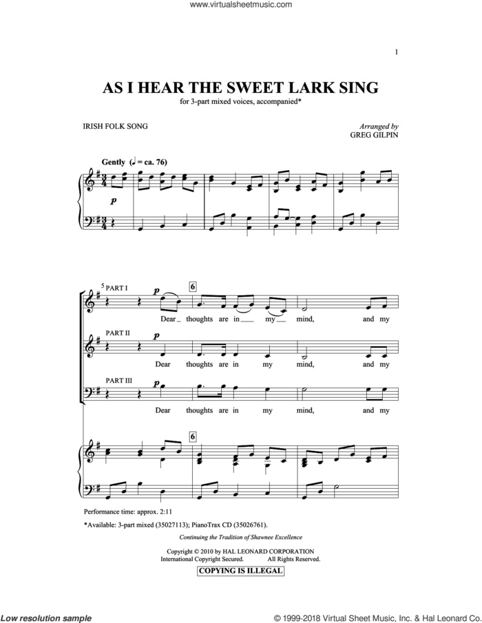 As I Hear The Sweet Lark Sing sheet music for choir (3-Part Mixed) by Greg Gilpin, intermediate skill level