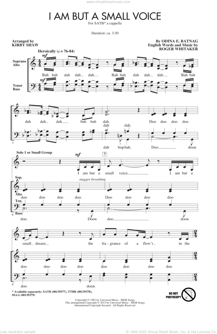 I Am But A Small Voice sheet music for choir (SATB: soprano, alto, tenor, bass) by Kirby Shaw, Odina E. Batnag and Roger Whitaker, intermediate skill level