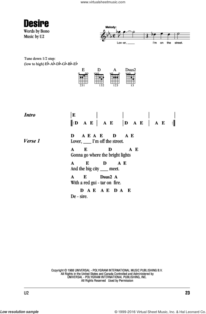 Desire sheet music for guitar (chords) by U2 and Bono, intermediate skill level