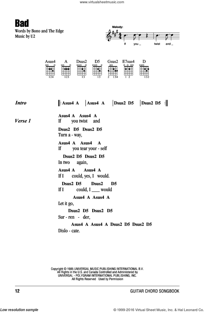 Bad sheet music for guitar (chords) by U2, Bono and The Edge, intermediate skill level