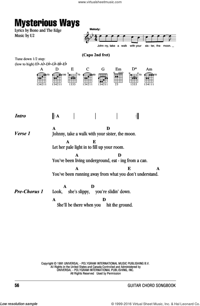 Mysterious Ways sheet music for guitar (chords) by U2, Bono and The Edge, intermediate skill level