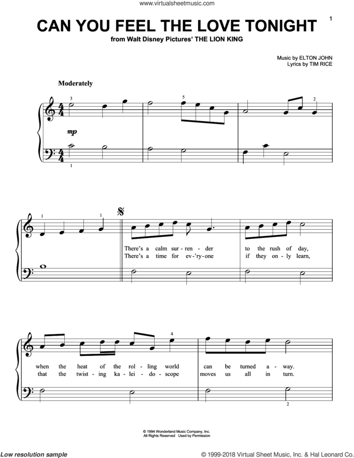 Can You Feel The Love Tonight (from The Lion King) sheet music for piano solo by Elton John and Tim Rice, wedding score, beginner skill level