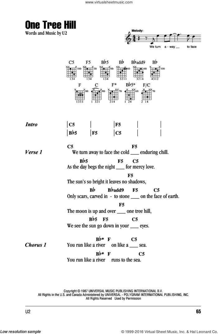 One Tree Hill sheet music for guitar (chords) by U2, intermediate skill level