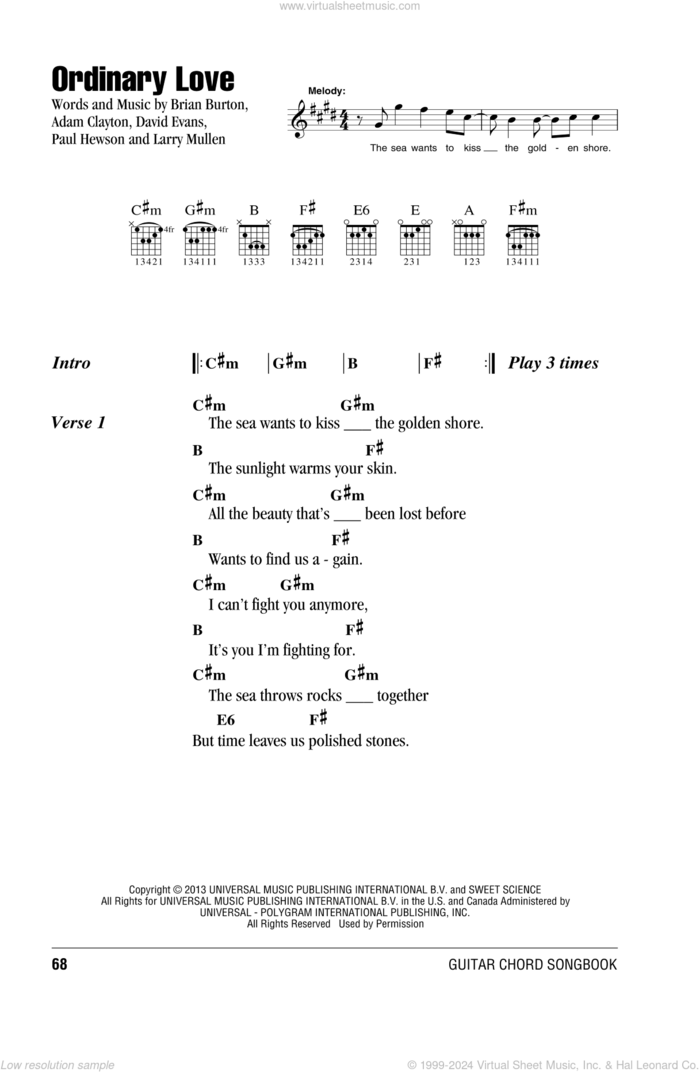 Ordinary Love sheet music for guitar (chords) by U2, Adam Clayton, Brian Burton, David Evans, Laurence Mullen and Paul Hewson, intermediate skill level