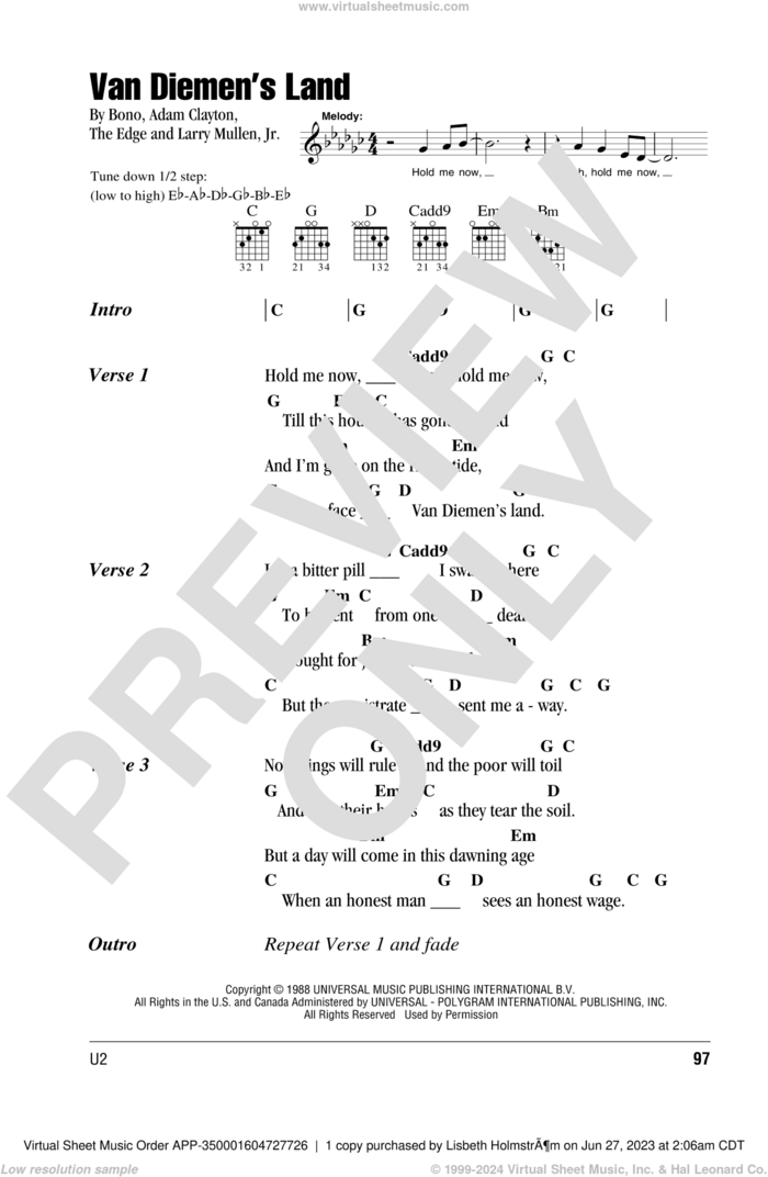 Van Diemen's Land sheet music for guitar (chords) by U2, Adam Clayton, Bono, Larry Mullen, Jr. and The Edge, intermediate skill level