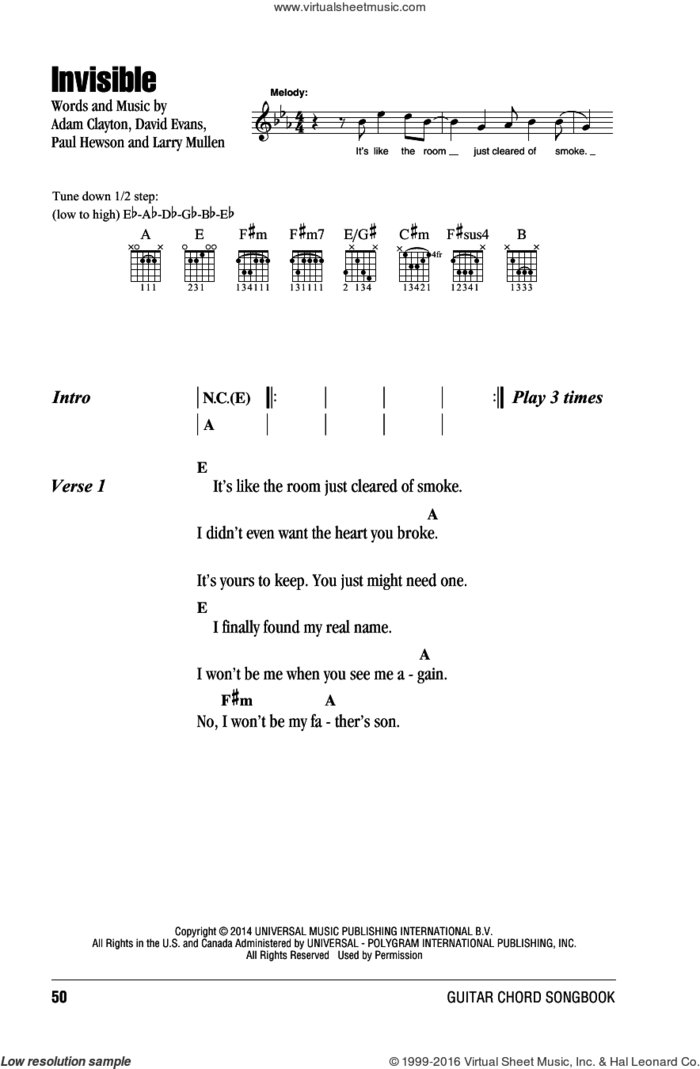 Invisible sheet music for guitar (chords) by U2, Adam Clayton, David Evans, Larry Mullen and Paul Hewson, intermediate skill level