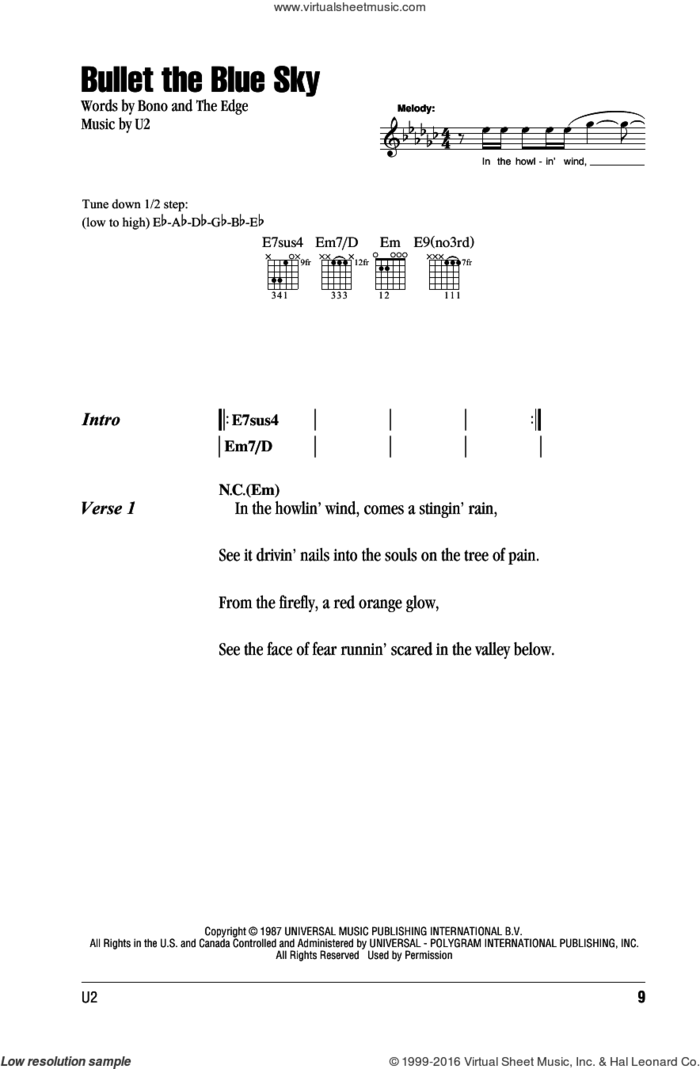 Bullet The Blue Sky sheet music for guitar (chords) by U2, Bono and The Edge, intermediate skill level