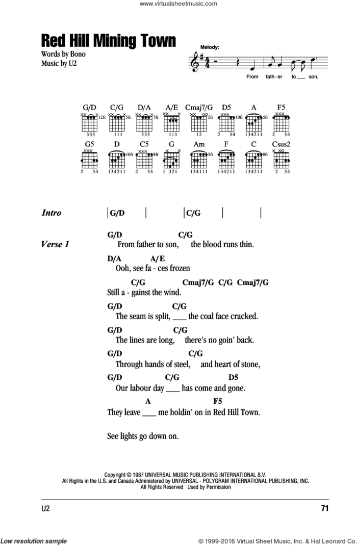 Red Hill Mining Town sheet music for guitar (chords) by U2 and Bono, intermediate skill level