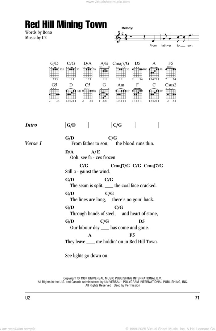 Red Hill Mining Town sheet music for guitar (chords) by U2 and Bono, intermediate skill level