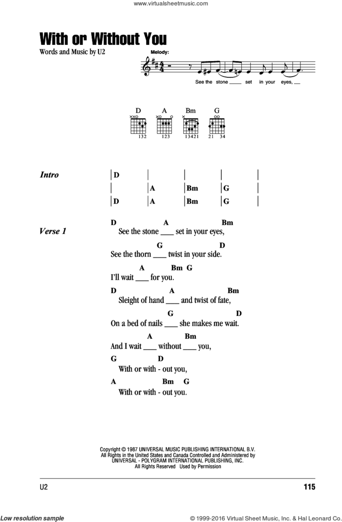 With Or Without You sheet music for guitar (chords) by U2, intermediate skill level