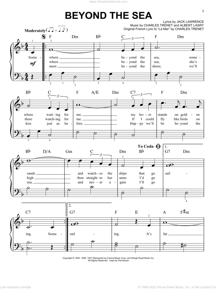 Beyond The Sea, (beginner) sheet music for piano solo by Bobby Darin, Albert Lasry, Charles Trenet, Jack Lawrence and Roger Williams, beginner skill level