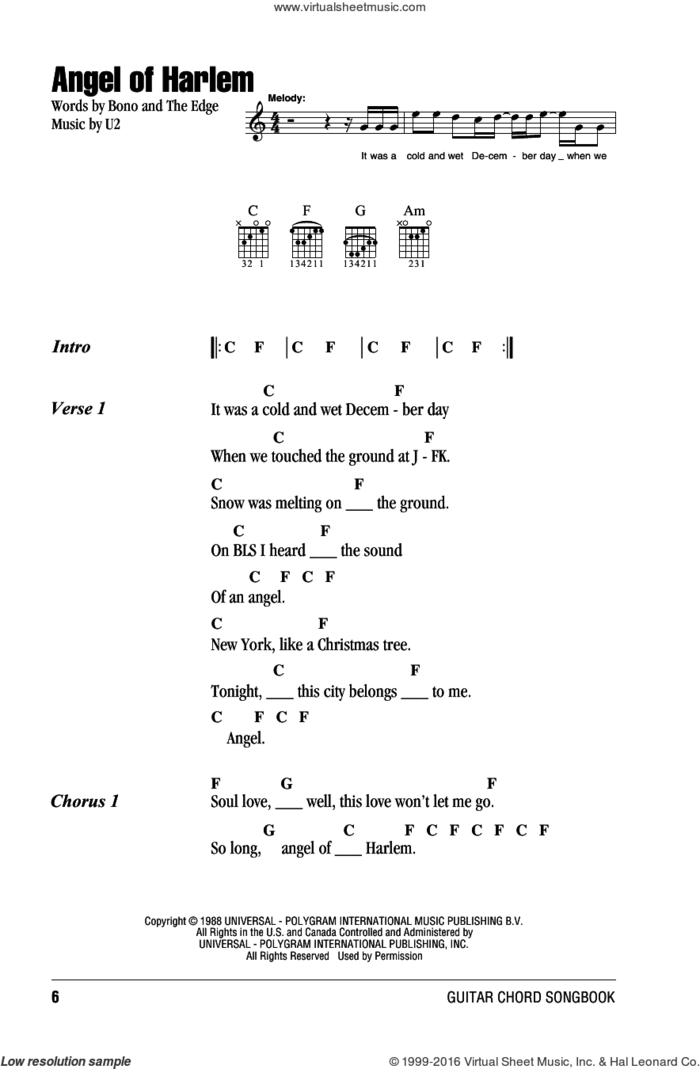 Angel Of Harlem sheet music for guitar (chords) by U2, Bono and The Edge, intermediate skill level