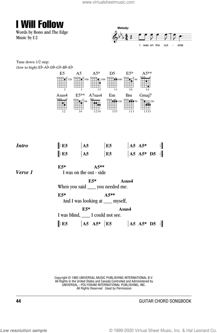 I Will Follow sheet music for guitar (chords) by U2, Bono and The Edge, intermediate skill level