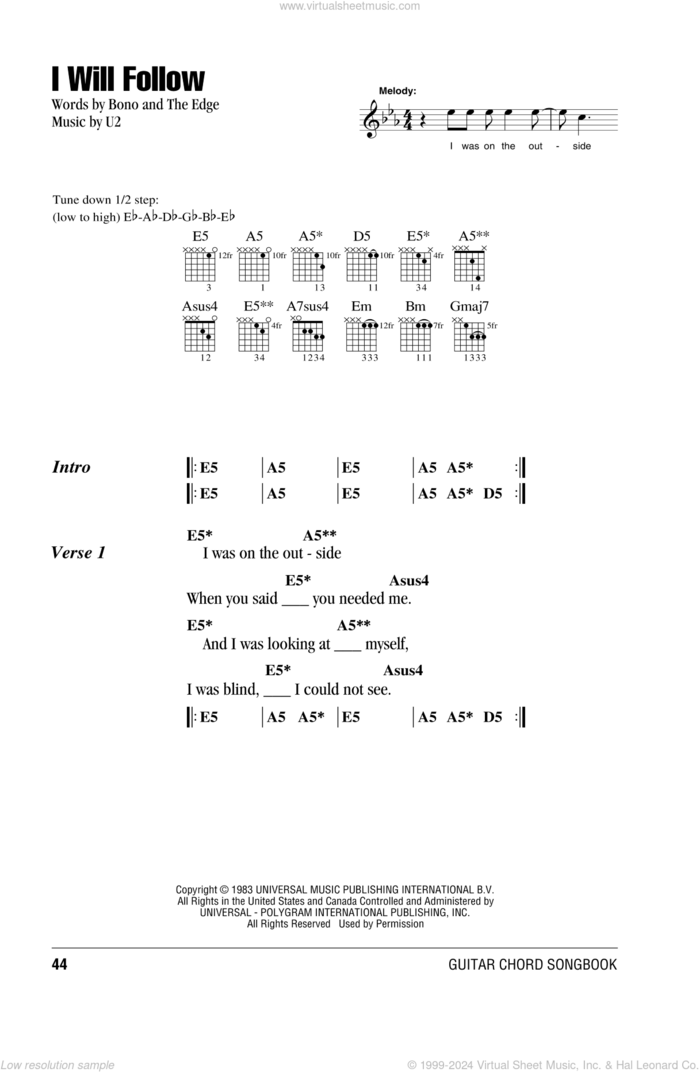 I Will Follow sheet music for guitar (chords) by U2, Bono and The Edge, intermediate skill level