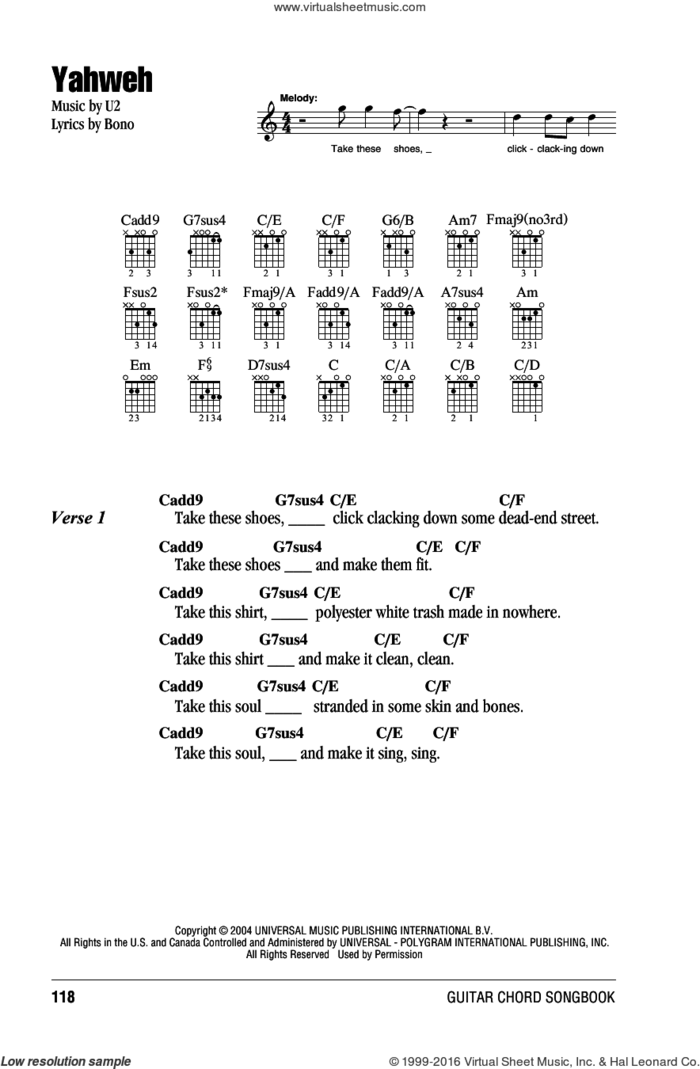 Yahweh sheet music for guitar (chords) by U2 and Bono, intermediate skill level