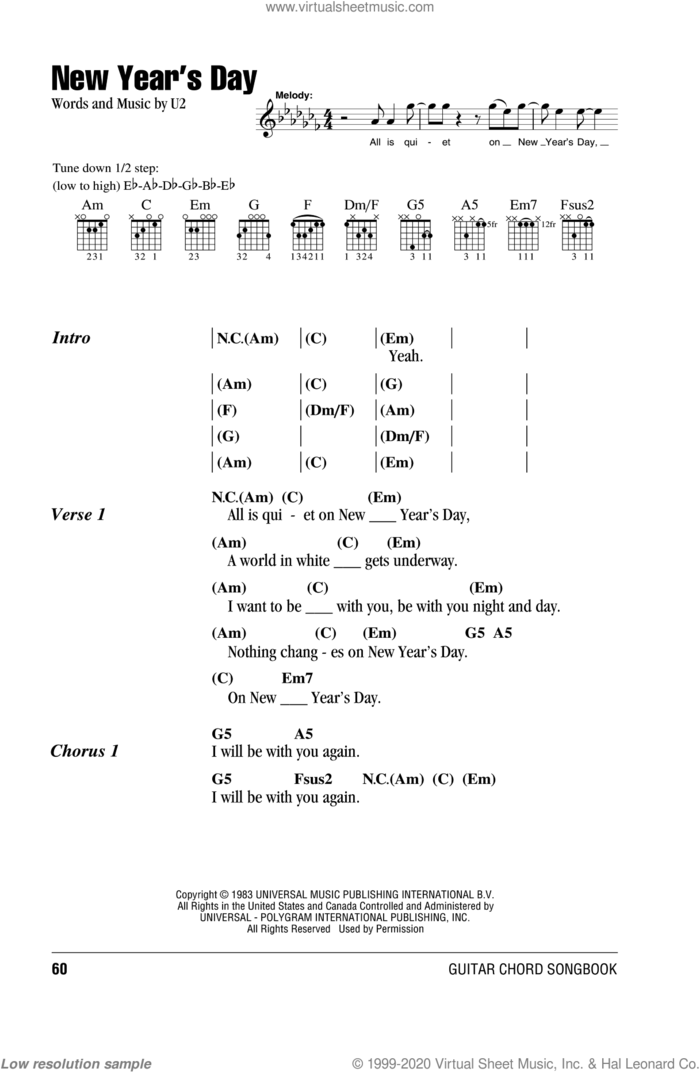 New Year's Day sheet music for guitar (chords) by U2, intermediate skill level