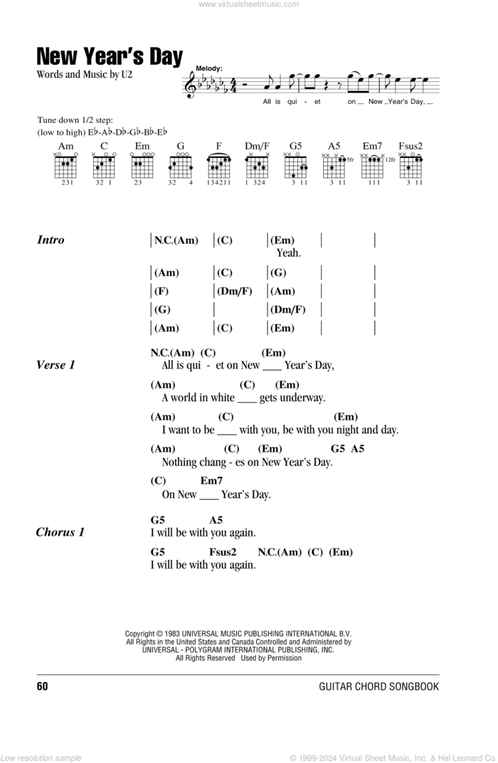 New Year's Day sheet music for guitar (chords) by U2, intermediate skill level