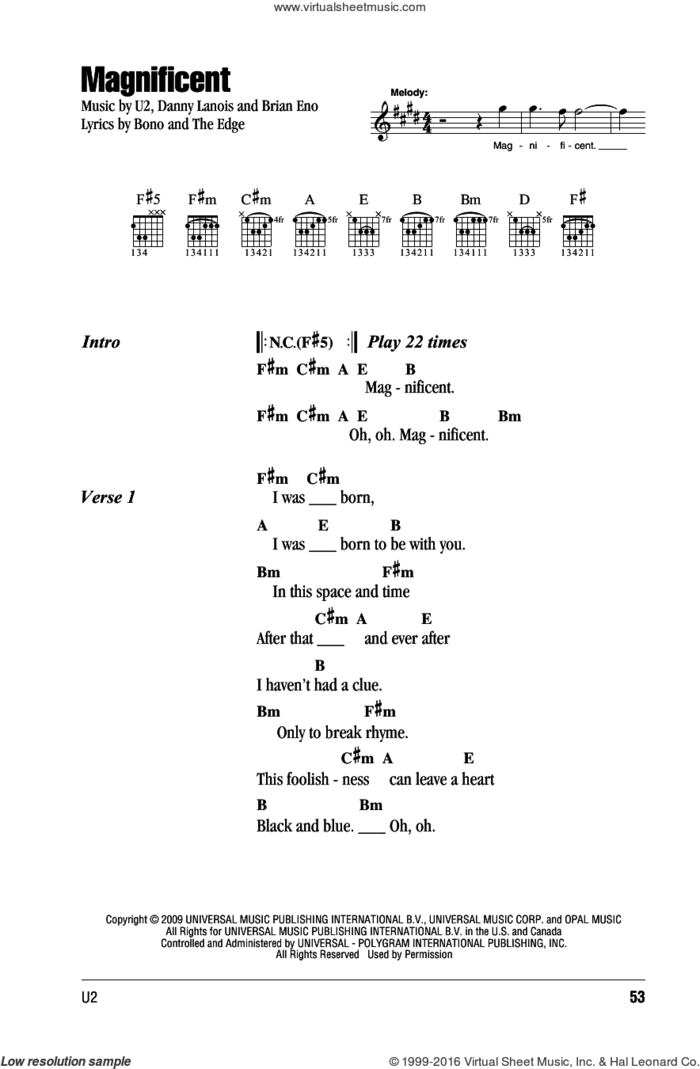 Magnificent sheet music for guitar (chords) by U2, Bono, Brian Eno, Danny Lanois and The Edge, intermediate skill level