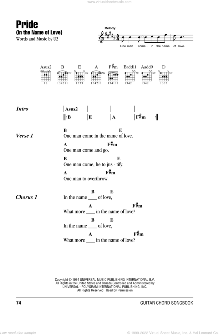 Pride (In The Name Of Love) sheet music for guitar (chords) by U2 and Clivelles & Cole, intermediate skill level