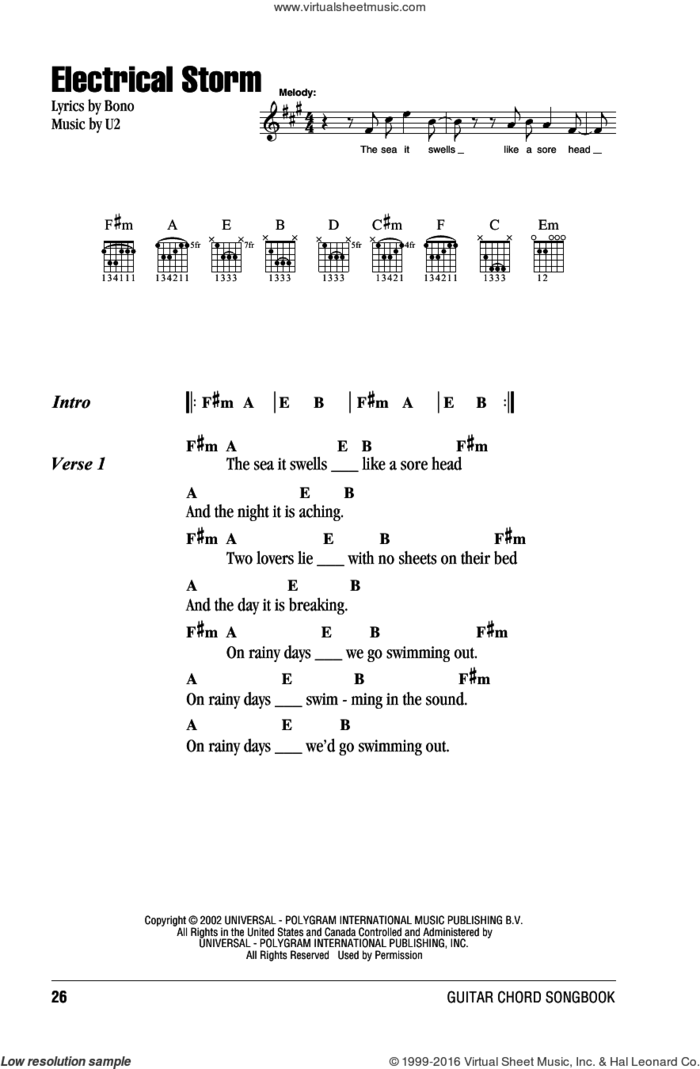 Electrical Storm sheet music for guitar (chords) by U2 and Bono, intermediate skill level