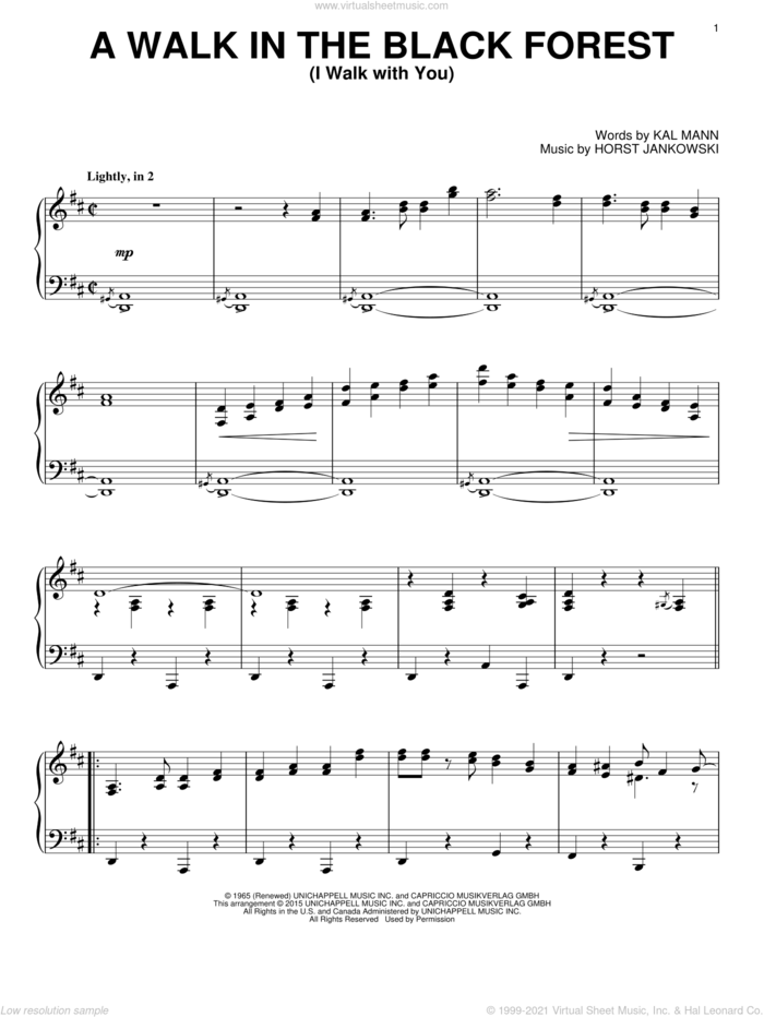 A Walk In The Black Forest (I Walk With You) sheet music for piano solo by Horst Jankowski and Kal Mann, intermediate skill level