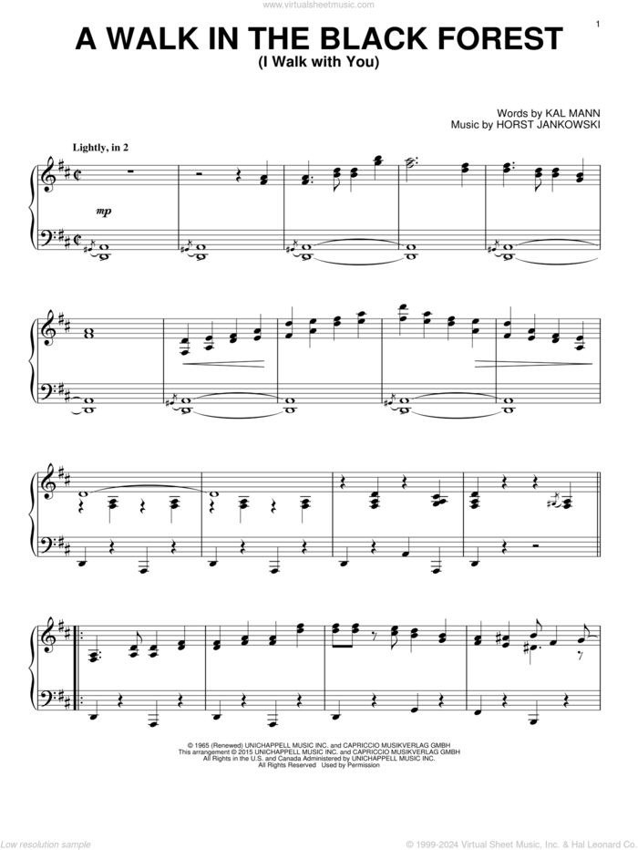 A Walk In The Black Forest (I Walk With You) sheet music for piano solo by Horst Jankowski and Kal Mann, intermediate skill level