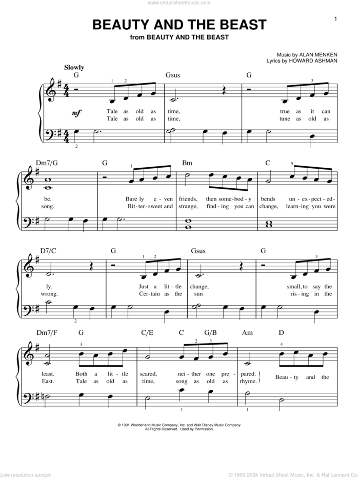 Beauty And The Beast, (beginner) sheet music for piano solo by Celine Dion & Peabo Bryson, Alan Menken and Howard Ashman, wedding score, beginner skill level