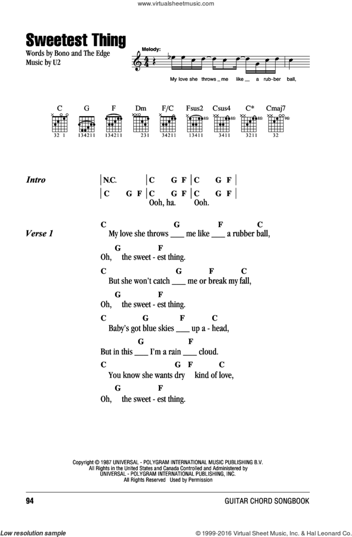Sweetest Thing sheet music for guitar (chords) by U2, Bono and The Edge, intermediate skill level