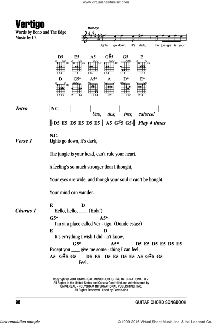 Vertigo sheet music for guitar (chords) by U2, Bono and The Edge, intermediate skill level