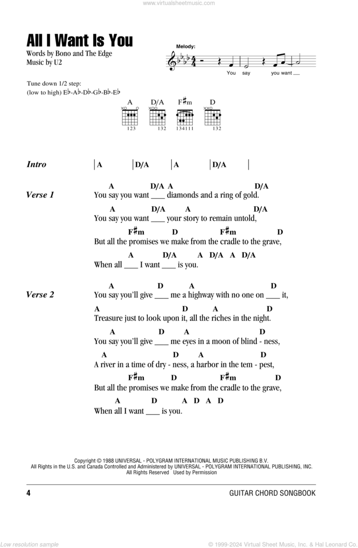 All I Want Is You sheet music for guitar (chords) by U2, Bono and The Edge, intermediate skill level