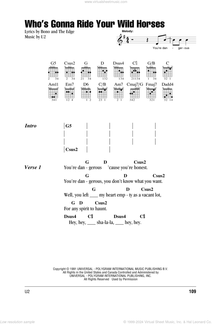 Who's Gonna Ride Your Wild Horses sheet music for guitar (chords) by U2, Bono and The Edge, intermediate skill level