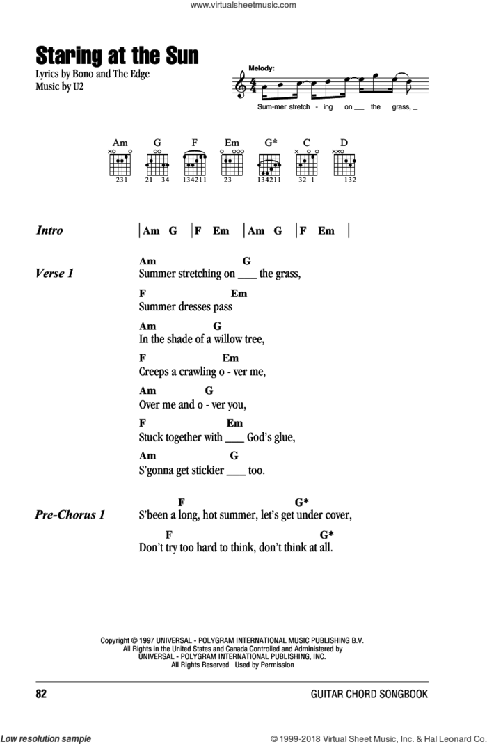 Staring At The Sun sheet music for guitar (chords) by U2, Bono and The Edge, intermediate skill level