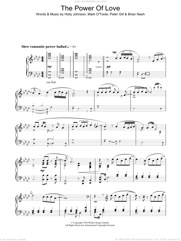 The Power Of Love sheet music for piano solo by Peter Gill, Brian Nash and Holly Johnson, intermediate skill level