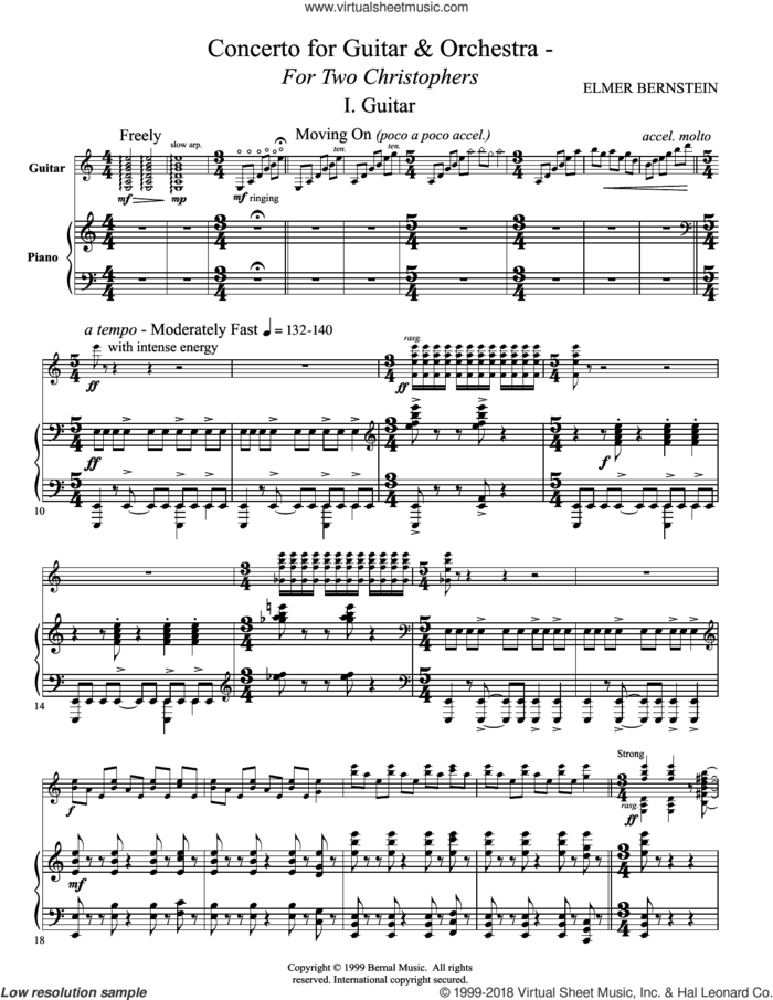 Concerto For Guitar And Orchestra - For Two Christophers sheet music for guitar and piano by Elmer Bernstein, classical score, intermediate skill level