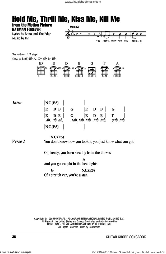 Hold Me, Thrill Me, Kiss Me, Kill Me sheet music for guitar (chords) by U2, Bono and The Edge, intermediate skill level