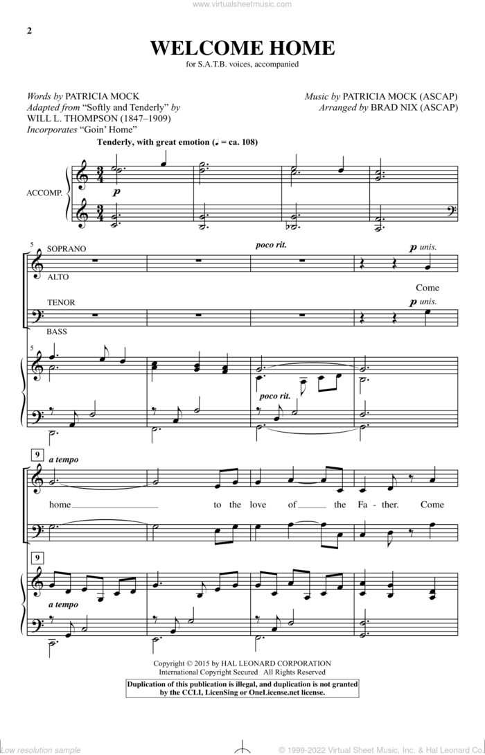 Welcome Home sheet music for choir (SATB: soprano, alto, tenor, bass) by Brad Nix and Patricia Mock, intermediate skill level