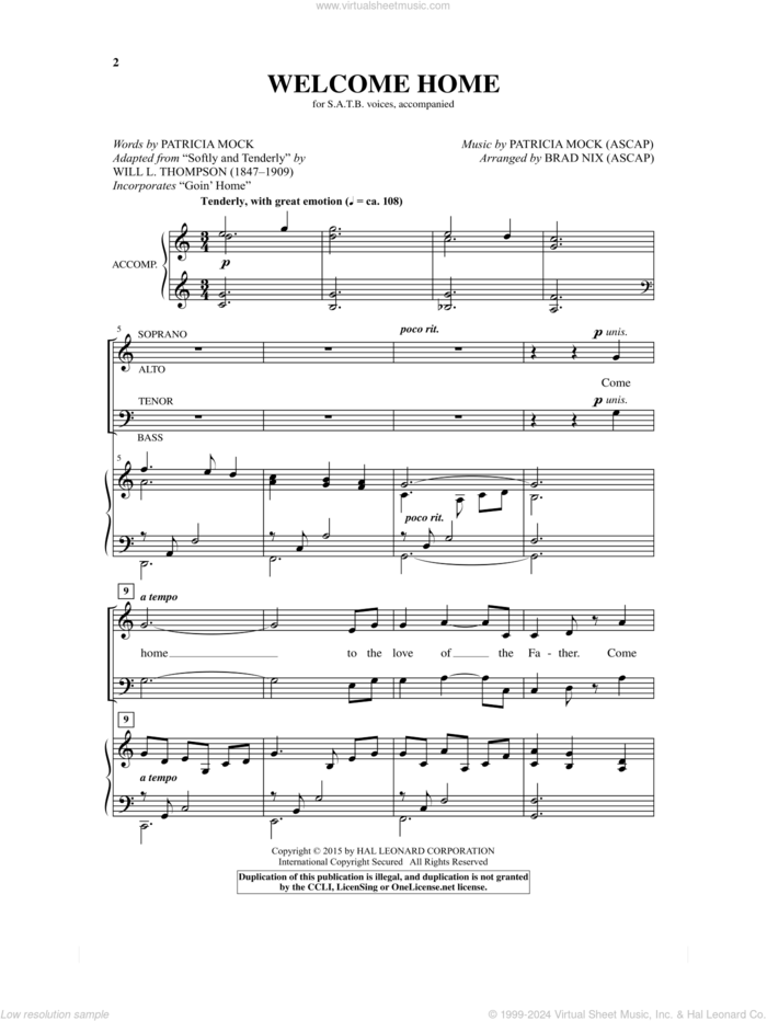 Welcome Home sheet music for choir (SATB: soprano, alto, tenor, bass) by Brad Nix and Patricia Mock, intermediate skill level